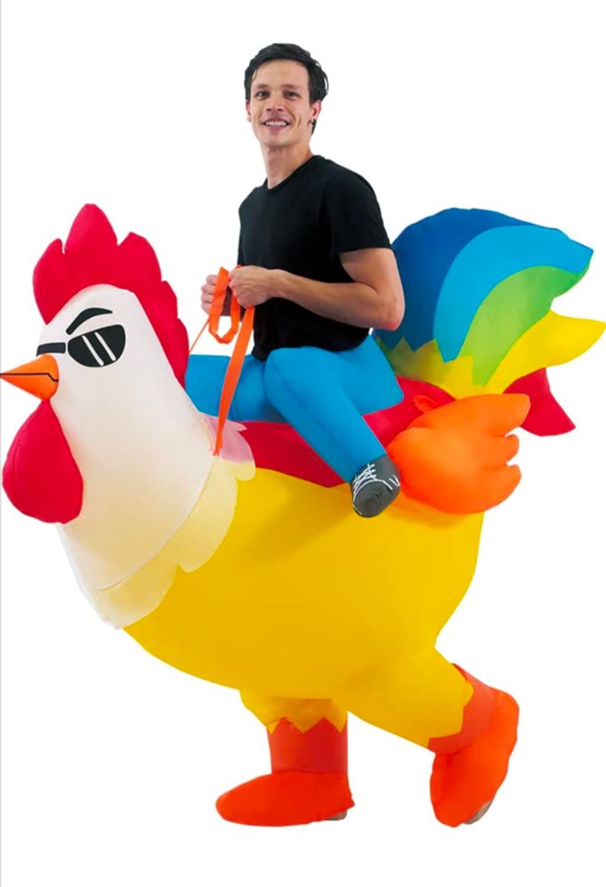 A man in an inflatable chicken riding costume.