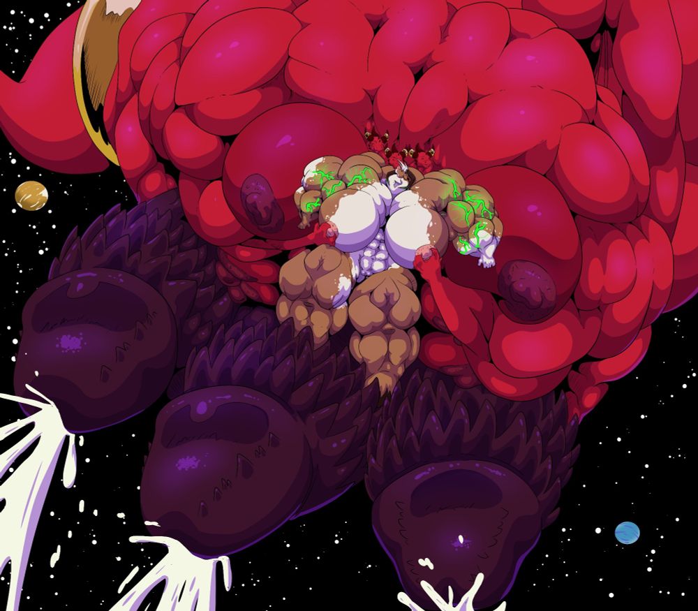 After the monstrous deities released a bit of their infinite lust, they both decided to make a pause. A moment to show another side of their uncontainable libido, in where they could catch a breath before continuing to grow, fill and swell without stop.

Gussey: It's a pleasure to ride such a handsome monster.
Asken: I shall say the same, my insatiable cow...
Gussey: Would you mind we doing this more often?
Asken: Not at all, be my guest!

Then, Gussey got a strong hold in what she could reach of Asken uppermost breasts

Gussey: Love you, my dragon ❤️
Asken: Love you, my cow ❤️

Asken grabs Gussey breasts in return, and as he does release cum in his perpetual climax, they indulge in their affective lust, before returning to affairs and start round two of many, many more to come.