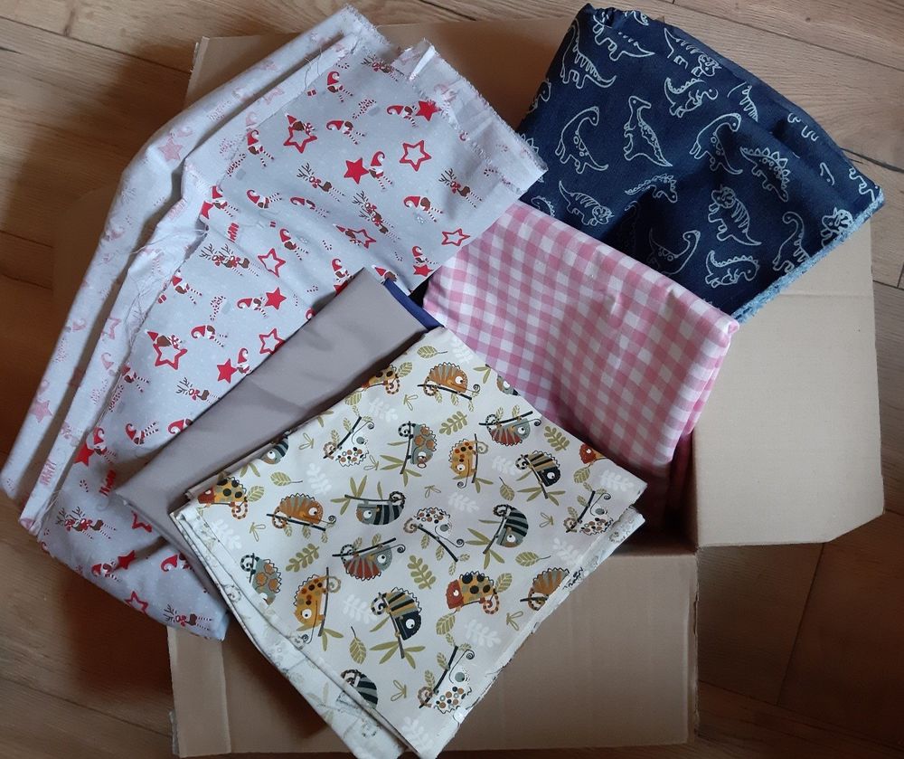 Photo showing an open cardboard that contains patterned dressmaking fabrics. The different types are: denim with dinosaurs, pink gingham, grey with Christmas stars and cute elves, cream with cute chameleons on branches.