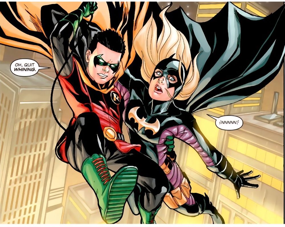 Damian Wayne Robin carrying Stephanie Brown Batgirl and he's saying 'oh quit whining' as she's whining 