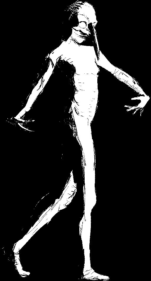 masked person walking, kind of looking like a plague doctor with mouth uncovered and skintight suit, also there's a scar on top of their head