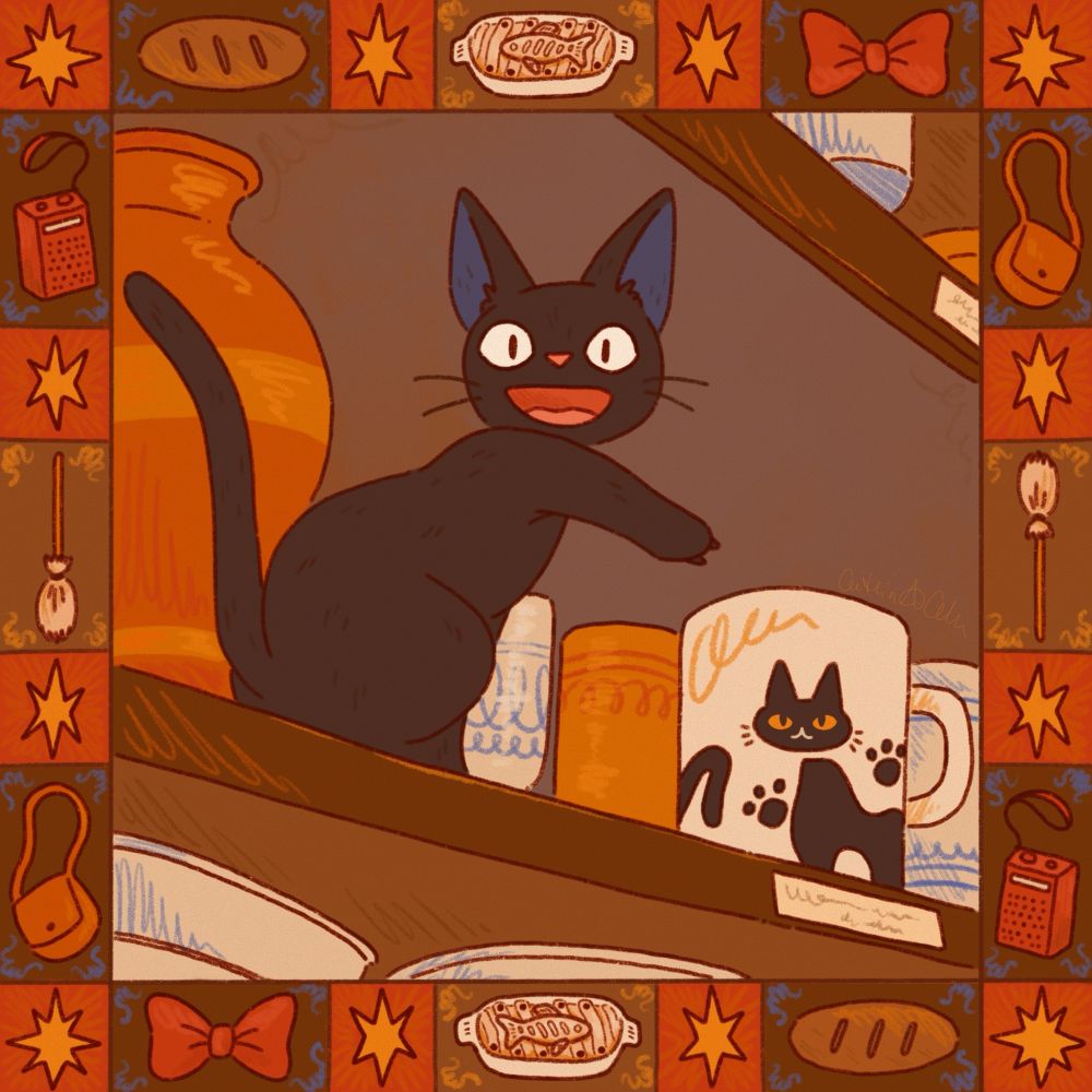 A digital illustration of Jiji from Kiki's Delivery Service. It is the scene of Jiji pointing to a mug with a similar black cat on it. He is sitting on a store shelf, surrounded by cups, bowls, and other ceramic wares. The decorative border is full of references to the film including Kiki's bow, radio, satchel, and broom, as well as the herring pie and loaf of bread. The illustration has very warm colours with lots of oranges and reds, occasionally some hints of a purpley blue here and there.