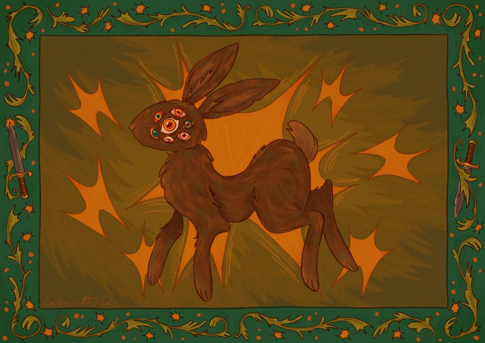 A digital illustration of a brown hare in the centre with multiple eyes of different colours. Behind it are yellow star bursts over a grassy background. There is an illustrated border with leaves, thorns, stars, and two mirrored daggers.