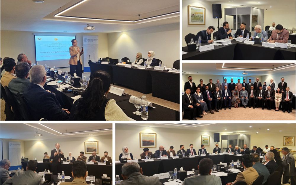A collage of pictures from the consultative forum. Includes a group picture, picture of a speaker with the participants and a wide-angle photograph of the participants at the conference table. 