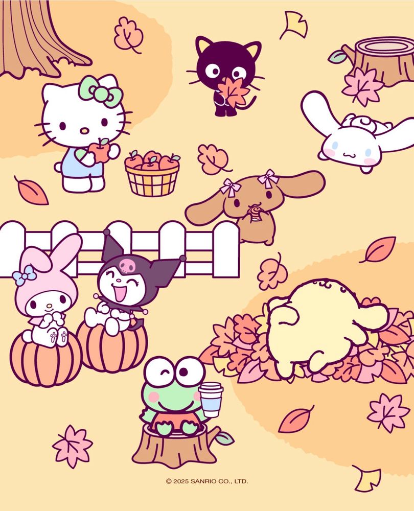 Official Sanrio art depicting My Melody, Kuromi, Keroppi, Pompompurin, Cinnamoroll, Mocha, Chococat, and Hello Kitty participating in fall activities in an autumnal setting.