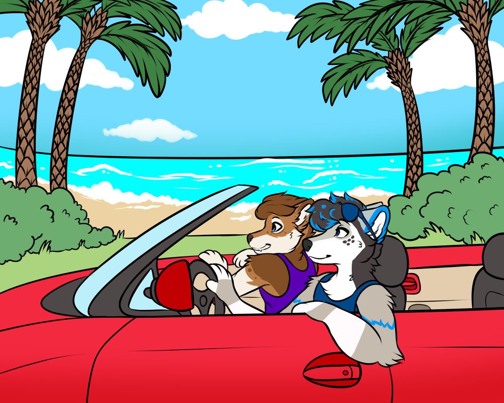Road trip in a red sports car along a beachside. Artist: @TiredPaws on telegram