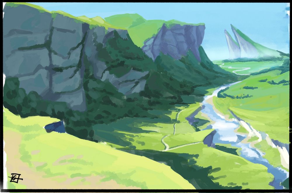 A digital art render looking out on a fantastical valley from the edge of a bridge cliff edge, the valley bright green in the sun, met with a dark blue shadow of the cliffs. A river runs through the centre of the valley beneath jagged outcroppings.