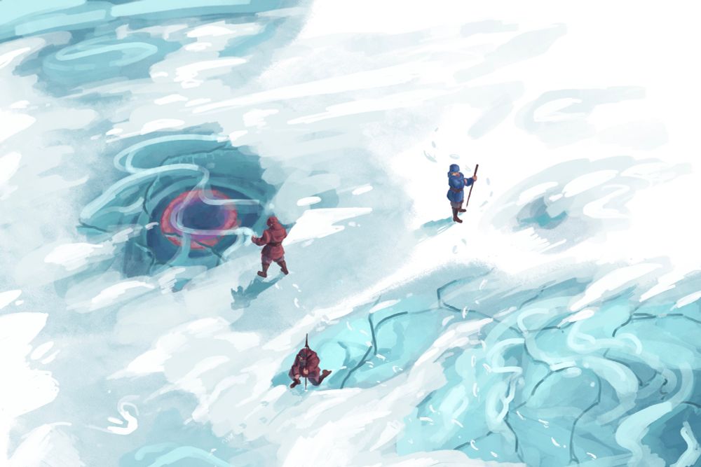 A high angle render of three polar explorers in a triangle across thin snow-covered ice, two in red, one in blue, with the lead figure pointing to an enormous red eye, peeking from just beneath the ice.