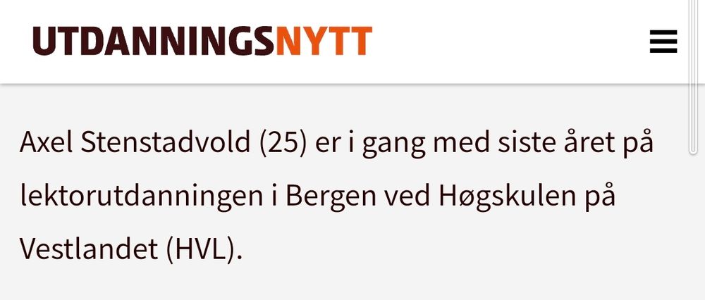 Axel Stenstadvold (25) er i gang med siste året på lektorutdanningen i Bergen ved Høgskulen på Vestlandet (HVL).