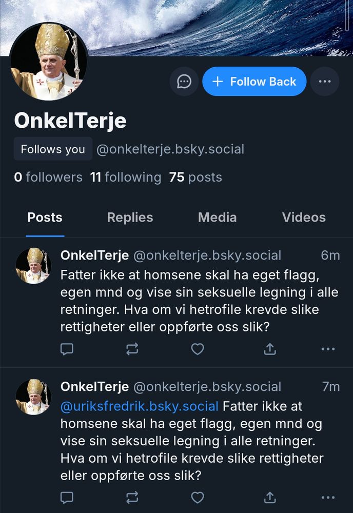 Homofobisk fyr med brukarnamnet @onkelterje