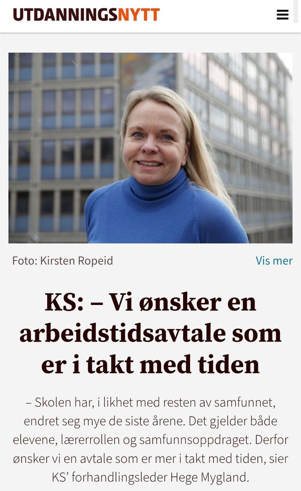 KS: – Vi ønsker en arbeidstidsavtale som er i takt med tiden
– Skolen har, i likhet med resten av samfunnet, endret seg mye de siste årene. Det gjelder både elevene, lærerrollen og samfunnsoppdraget. Derfor ønsker vi en avtale som er mer i takt med tiden, sier KS’ forhandlingsleder Hege Mygland.