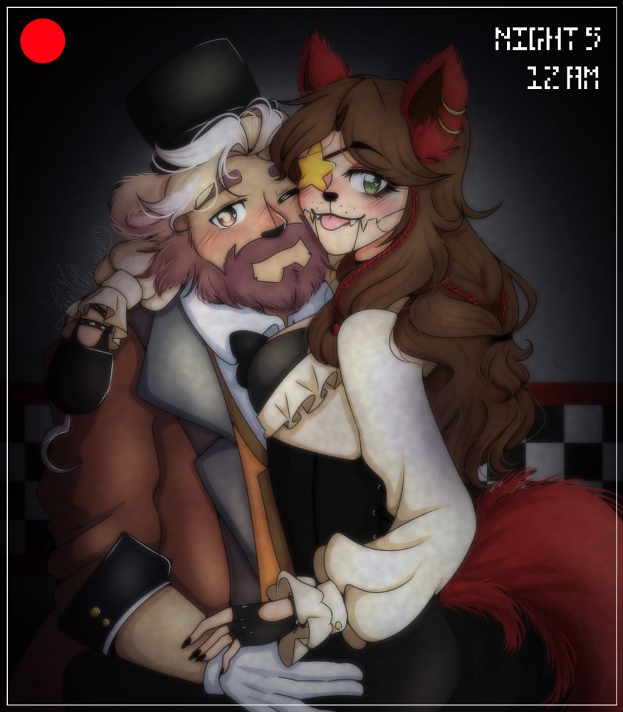 The illustration is from a camera POV like in the FNAF games, where Mac from BlushBlush dressed in a Freddy Fazbear inspired outfit, is holding the artist's persona dressed in a Foxy inspired outfit and being cheeky.