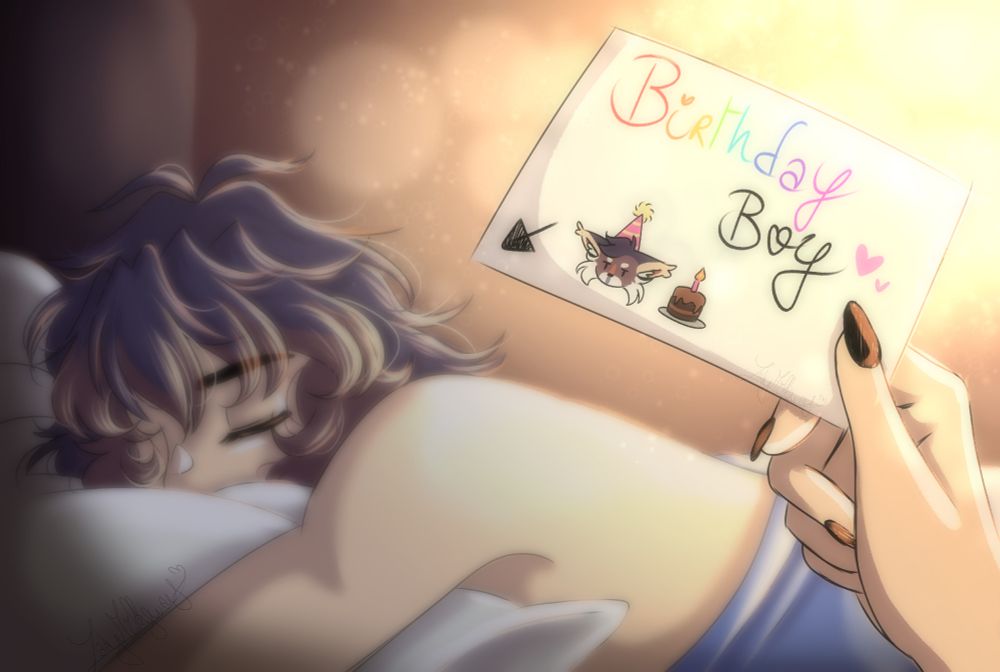 Volks from the game Blush Blush is seen sleeping peacefully, nuzzled into a pillow. We can see the artist's hand holding a piece of paper that says Birthday Boy, with an arrow pointing at the guy. There is a soft light coming from the top right to indicate morning.