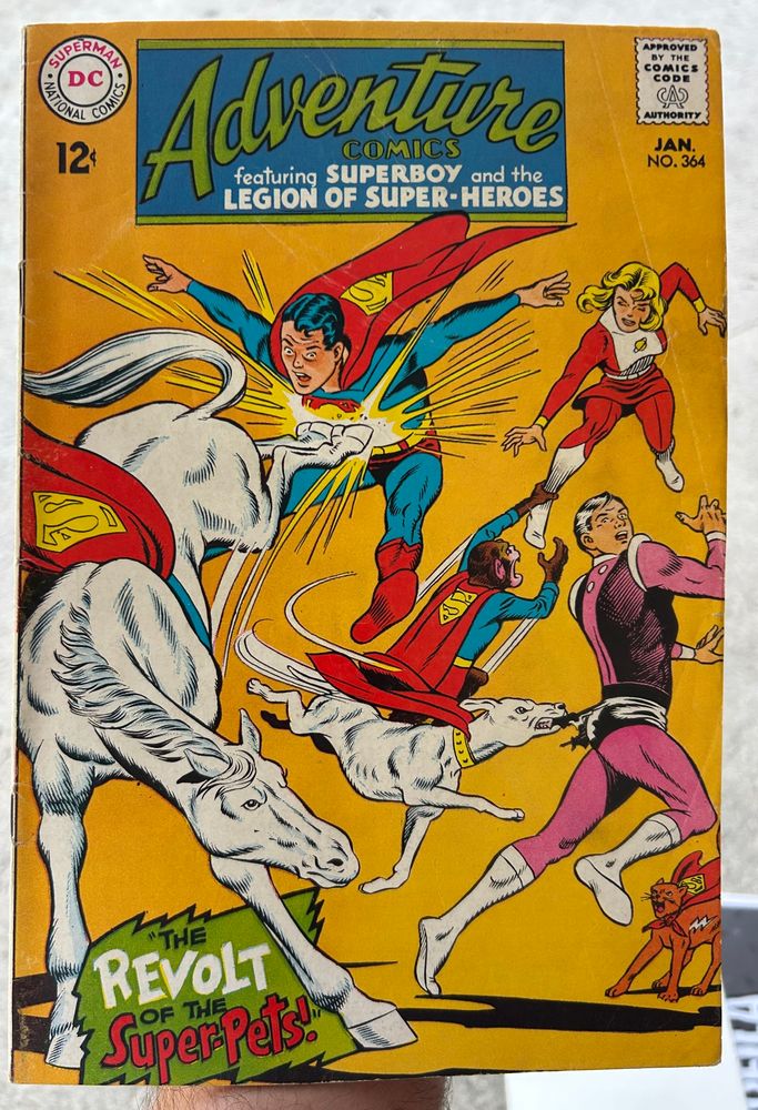 The Legion of Super-Pets which includes Comet the Super Horse, Krypto the Super Dog, Beppo the Super Monkey and Streaky the Super Cat fighting Superman, Saturn Girl and Cosmic Boy.
