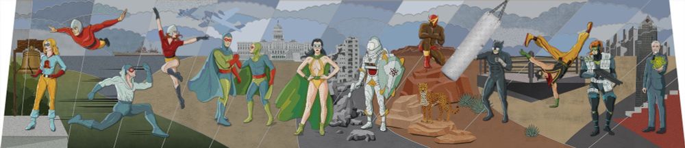L to R: Amethyst (?), Silent Knight, Hippolyta Wonder Woman (Diana’s mom) Black Pirate, Miss America, Max Mercury/Quicksilver in his original persona as Windrunner, Black Bison, EL Diablo, Iron Munro (?) (or his dad Hugo Danner?), Ghost of Flanders (?) Quality comics acquisition, sandman, amazing man, zatara