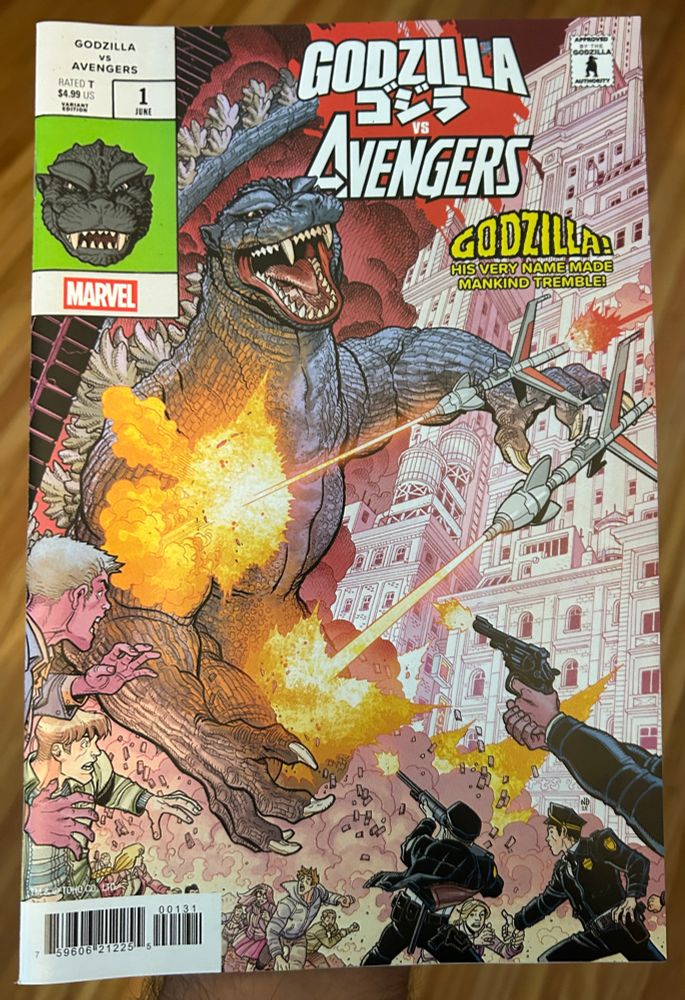 Godzilla destroys a city while the police try to hold him back. Drones fly in to fire at Godzilla but only anger him
