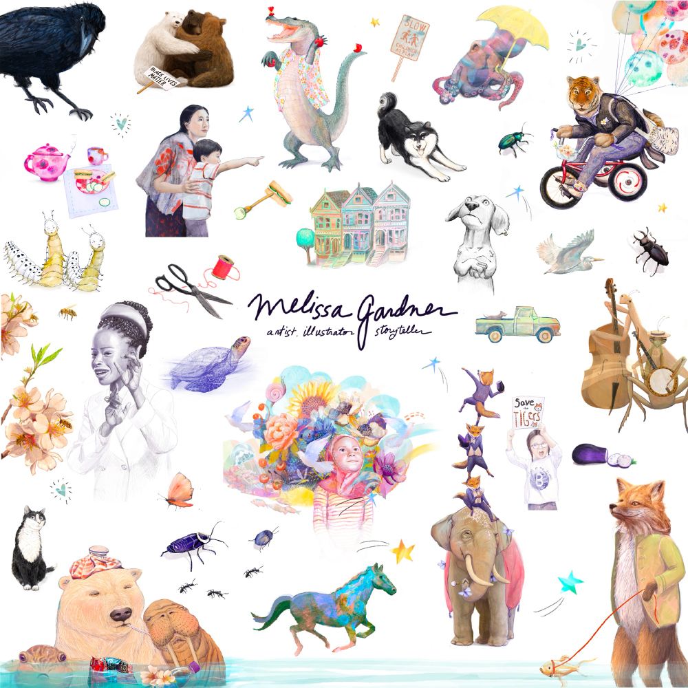 A showcase art card showing many different spot illustrations created by Melissa Gardner. 
There are anthropomorphic animals, like a tiger riding a bicycle and a sly fox wearing a jacket, as well as people drawn in a semi realistic manner. There’s a huge assortment of random object and animals, like scissors, trucks, bugs, flowers, cats, dogs, bears, alligators, elephants and more! 