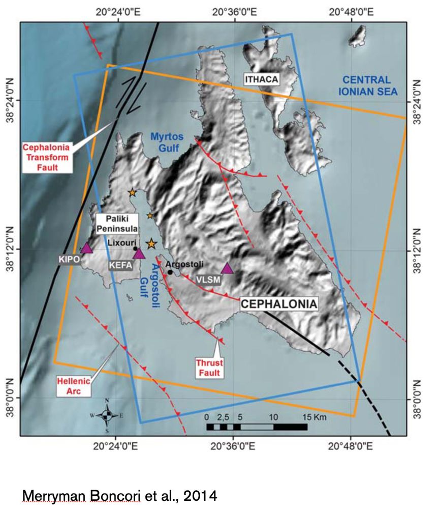 a map of Cephalonia showing active faults at shallow water depths