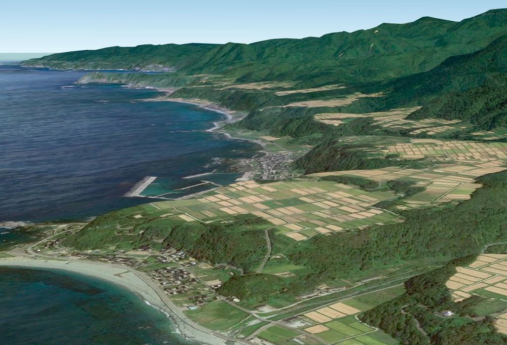 Oblique view from Google Earth of marine terraces covered by rice paddies along the NW coast of Sado Island.
