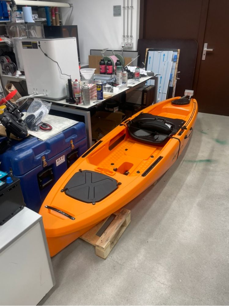 The kayak in the process of outfitting for autonomous surveys.