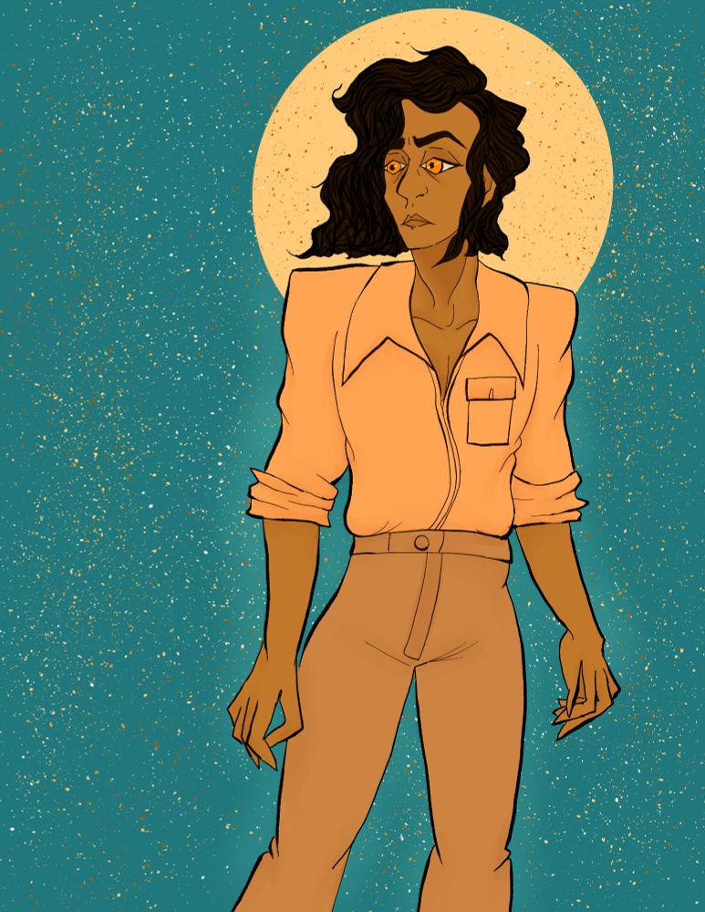 A digital drawing of Armand from Interview With the Vampire. Armand is wearing an orange version of his San Francisco outfit and there is a pensive look on his face. Behind him is a pale orange circle framing his head like a halo. The background is a dark teal color speckled with various shades of orange.