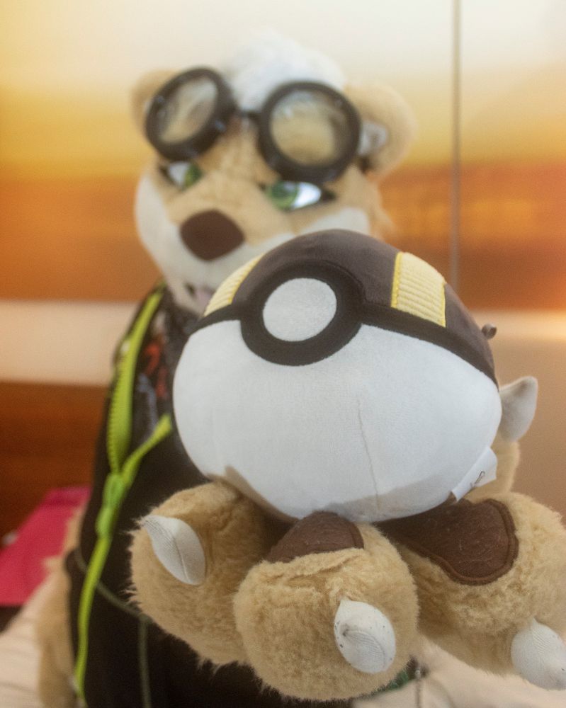 Adrian the otter holding out a plush Pokeball