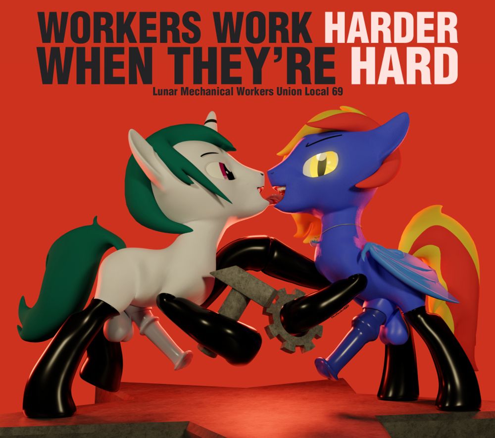 Aqua Lotus, a white unicorn with a green mane wearing latex socks, and holding a hammer, is holding hooves and French kissing Batty, a blue bat pony stallion with a red and yellow mane, a knotted horsecock, holding a gear, and latex socks. Both ponies are standing in a red space and standing on a metal star, a reference to the 1987 Nitzer Ebb album "That Total Age"