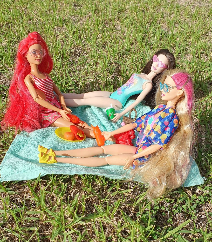 Barbie Pop Reveal Fruit Series Watermelon Crush, Beach Barbie and Barbie Pop Reveal Rise and Surprise having a picnic in the park with drinks, fries (chips) and burgers. Ms Watermelon Crush has dropped her red drink though!
