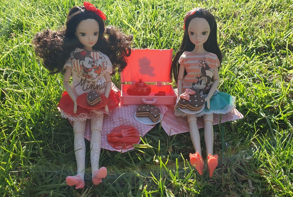Two Kurhn dolls sitting on the grass having a picnic with chocolate cakes. 