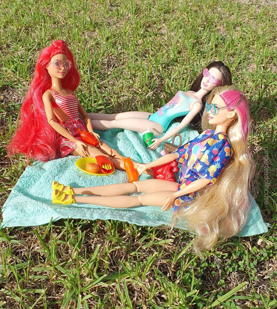Barbie Pop Reveal Fruit Series Watermelon Crush, Beach Barbie and Barbie Pop Reveal Rise and Surprise having a picnic in the park with drinks, fries (chips) and burgers.