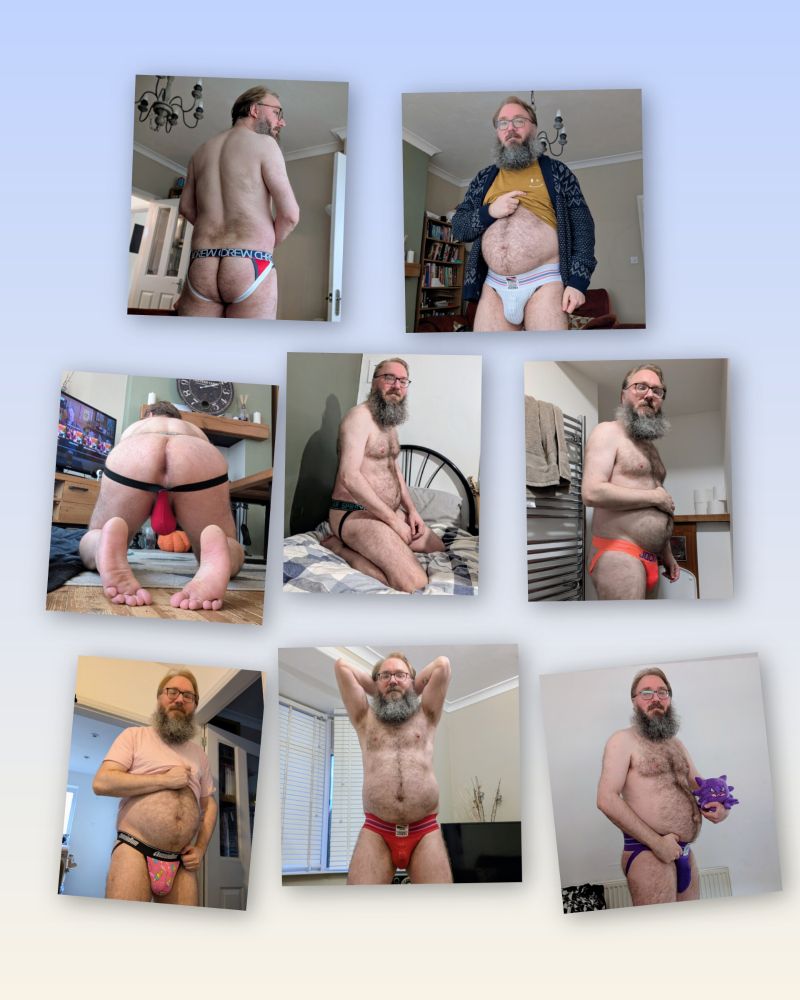 Collage of days 9-16 - Andrew Christian red blue and white; Aussiebum wide waist white; zero fox red with black; Supawear electric pattern; orange Jockmail; black/pink Aussiebum ice cream pattern; Aussiebum red wide waistband; Jockmail purple wide waistband 
