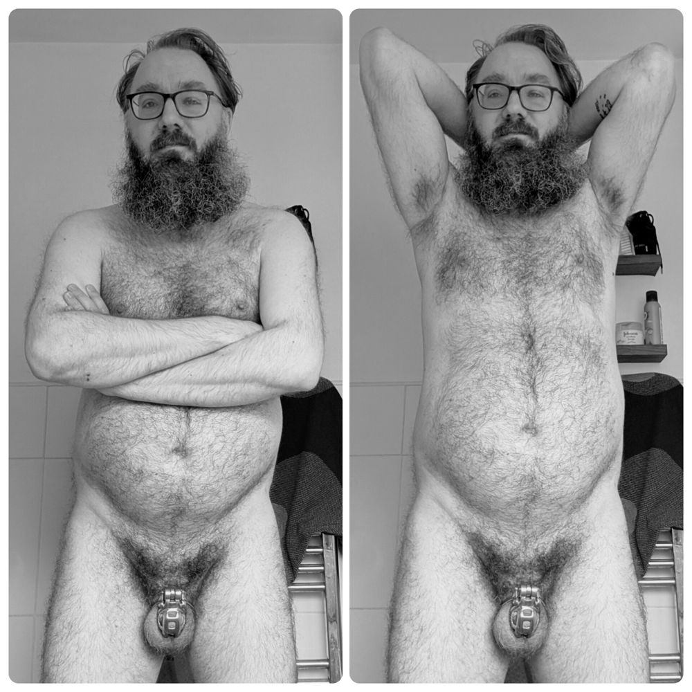 Side by side collage of naked selfies, one with arms crossed the others with arms behind head