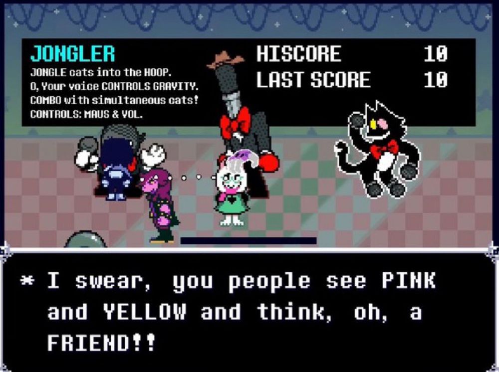 A screenshot of the Mike Room in Deltarune. Small Mike is saying “I swear, you people see PINK and YELLOW and think, oh, a FRIEND!!”