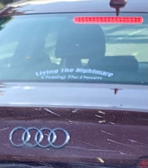 A maroon Audi with a decal on the rear window 

It reads

Living the nightmare 
Chasing the dream 