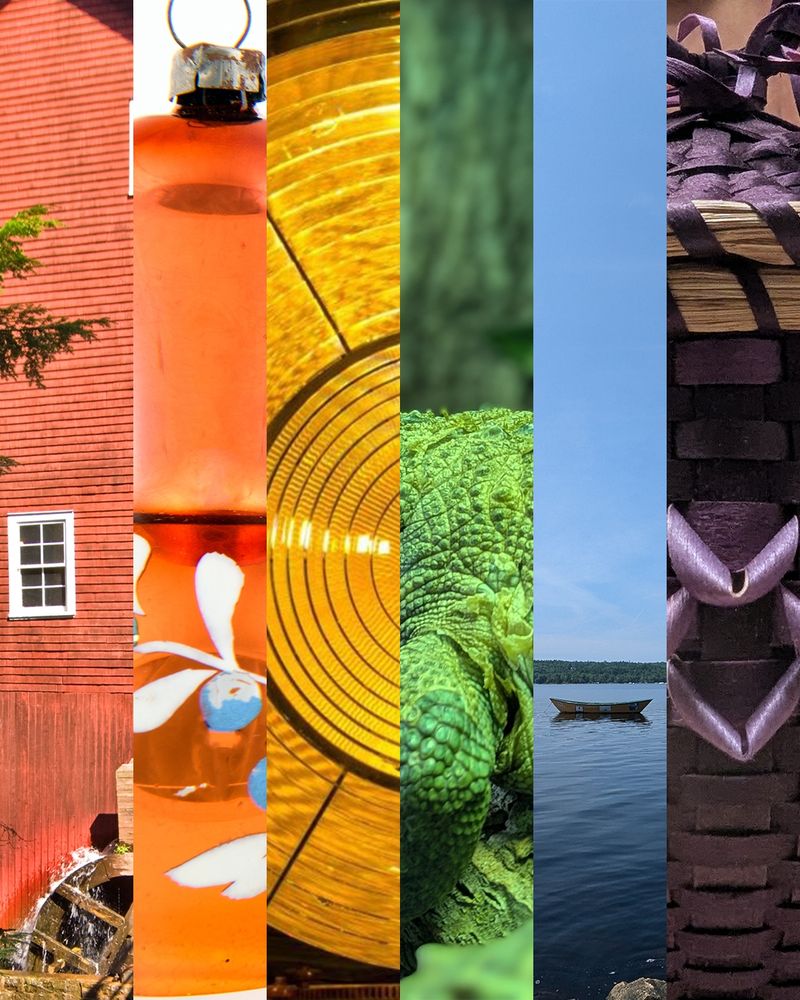 A vertical collage of six panels to create a rainbow. From left to right: A red building with a waterwheel, Balmoral Grist Mill. An orange glass ornament with white and blue patterns. A yellow abstract image with radiating lines, the Sambro Lighthouse Lens. A close-up of green, rough-textured leaves reptile's skin. A blue sky over Shelburne Harbour with a small, distant dory. A dark wall with woven purple Mi’kmaq basket.