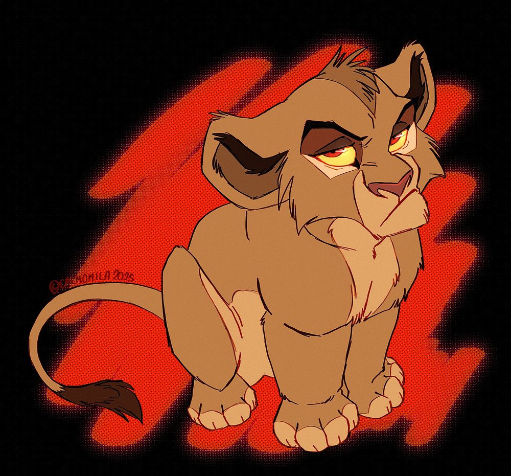 Digital drawing of a cub version of Zira from The Lion King: Simba's Pride. She is sitting down and looking up at the camera, with an annoyed grimace on her face.