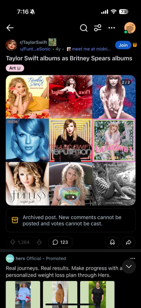 Britney Spears’ albums through the years in a reddit post that says Taylor Swift albums as Britney Spears albums but this image shows Taylor Swift’s face/body/album covers in Britney Spears’ album style