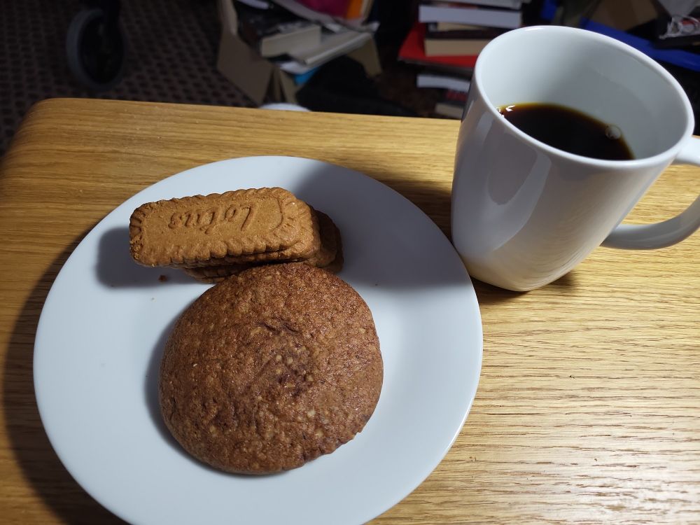 Vegan Elise Lebkuchen, Biscoff biscuits and a cup of black coffee on a wooden tray.