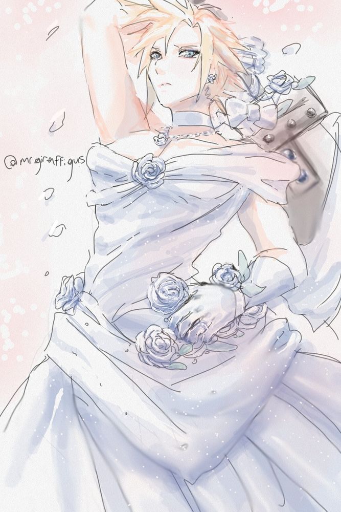 Samsung note finger drawing of cloud strife in his sword pose wearing a wedding dress. Cloud's expression is grumpy. He holds his bustersword on his back.