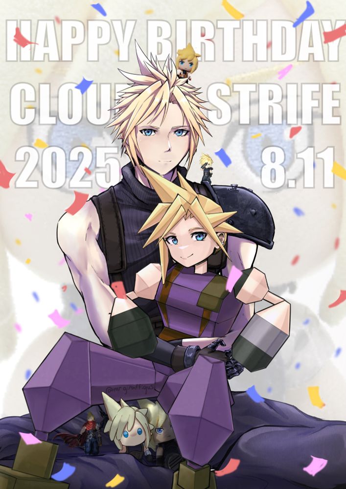 Digital art of cloud strife birthday art.
Remake cloud strife is sitting crossed legged holding polygon cloud strife.
Several cloud strife figures and plushies surround him. Text in the art says “HAPPY BIRTHDAY CLOUD STRIFE 2025 8.11”
Background is white with confetti and a very big transparent image of plush cloud.