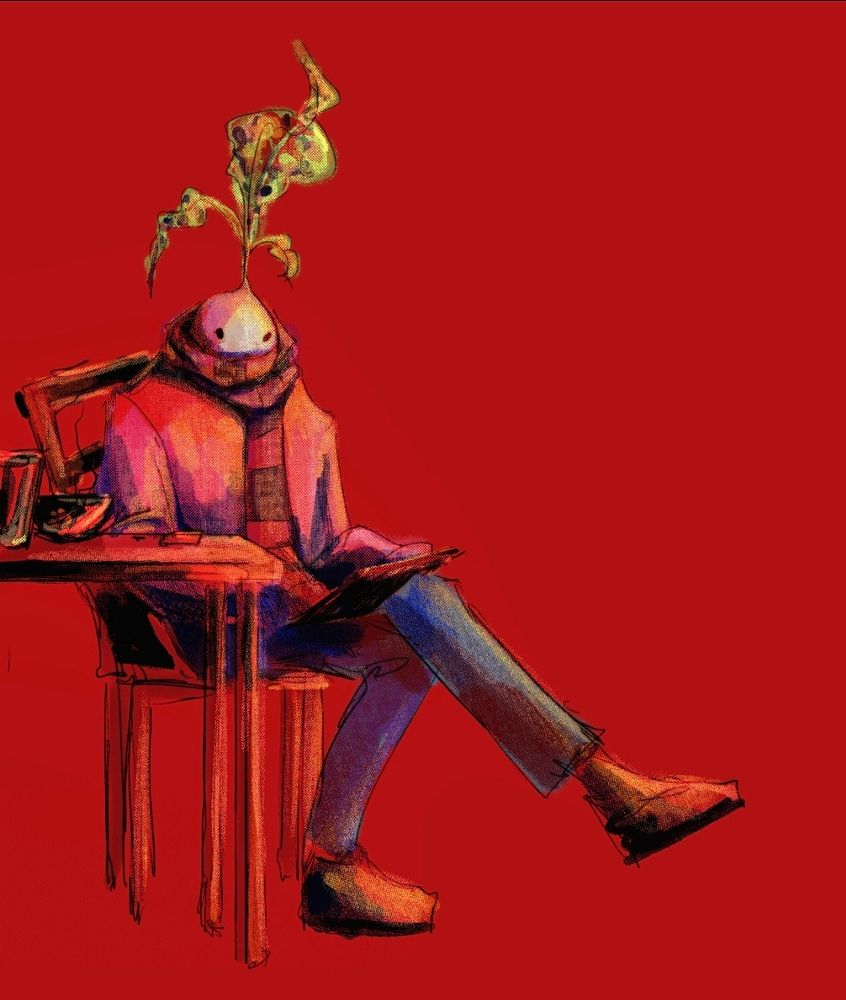 Drawing of 5up sitting at a table working on a tablet.