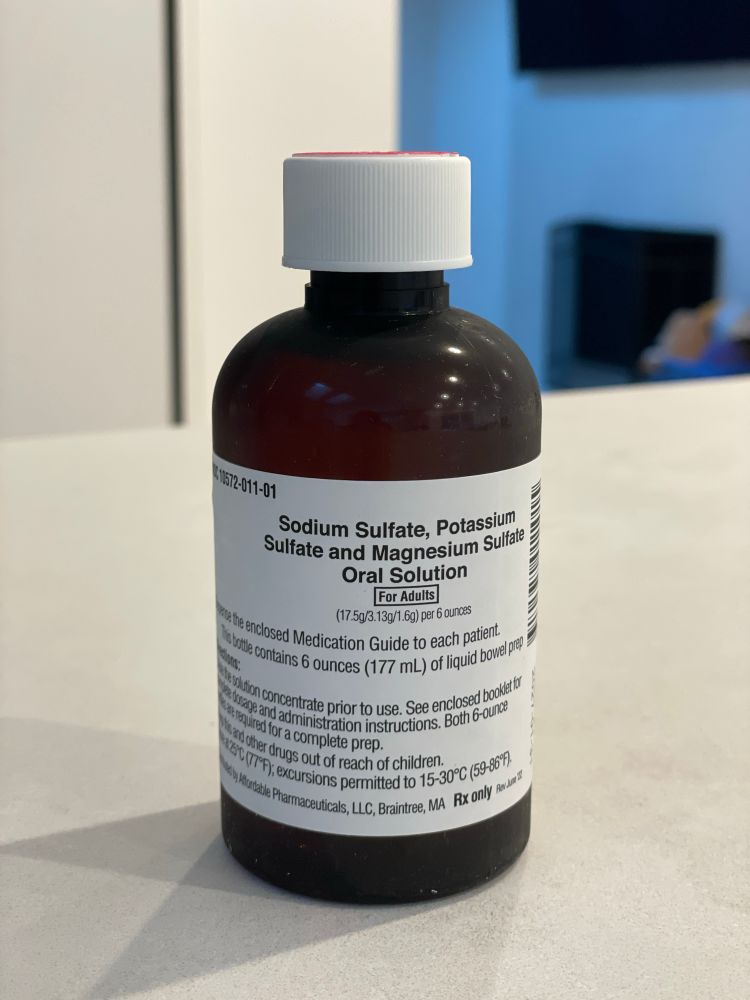 A 6 ounce bottle of sodium sulfate, potassium sulfate, and magnesium sulfate oral solution, or Suprep if you get the branded stuff. It's a laxative for colonoscopy preparation.