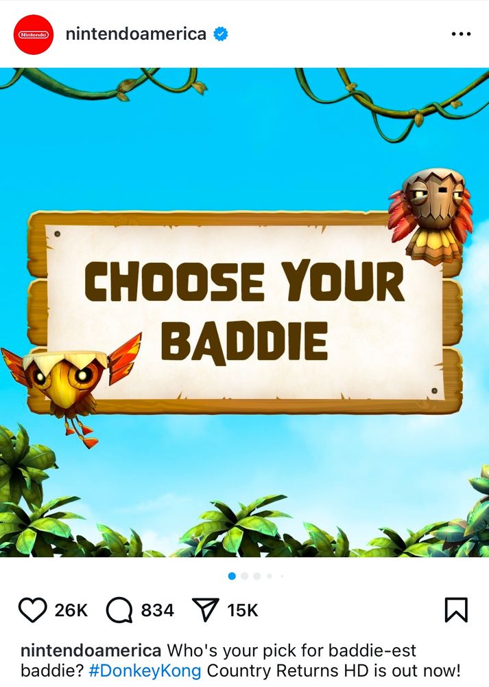 Instagram post by official nintendoamerica account inquiring to "choose your baddie" from Donkey Kong Country