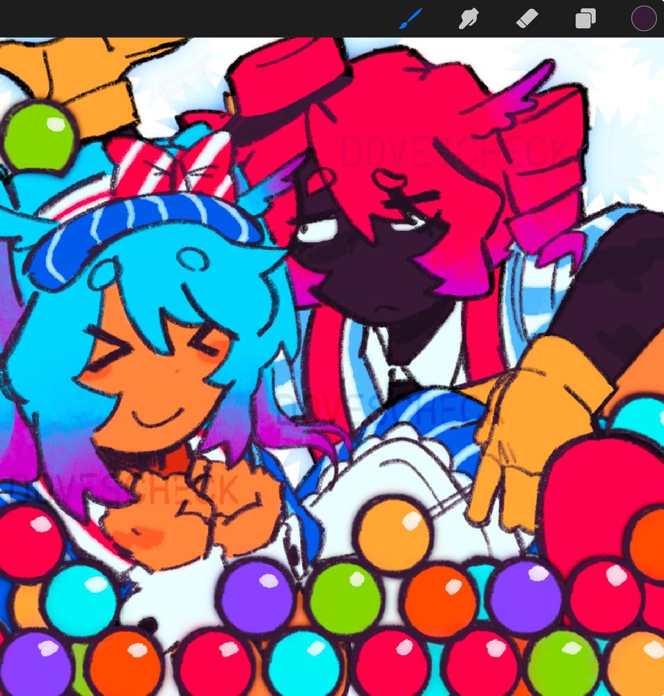 Luxintrus & Noxintrus from the Content SMP, dressed as the cover art for the song Mesmerizer. Lux is dressed as Miku, Nox is dressed as Teto. They are surrounded by many tiny, colorful balls in the colors red, orange, yellow, green, blue, and purple.