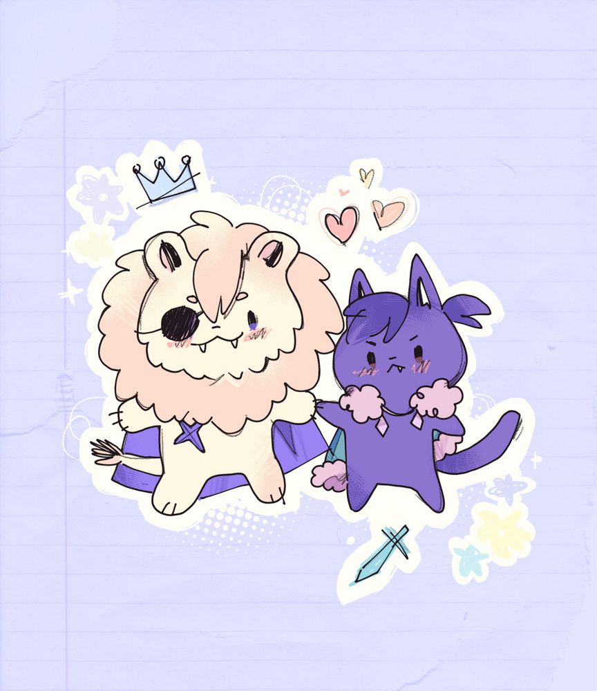 childish crayon-like drawing of a delighted lion dimitri and an ornery cat felix holding paws, as they should