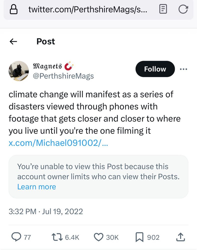 @PerthshireMags climate change will manifest as a series of disasters viewed through phones with footage that gets closer and closer to where you live until you're the one filming it

the original disaster footage tweet embedded in this one is no longer available 
