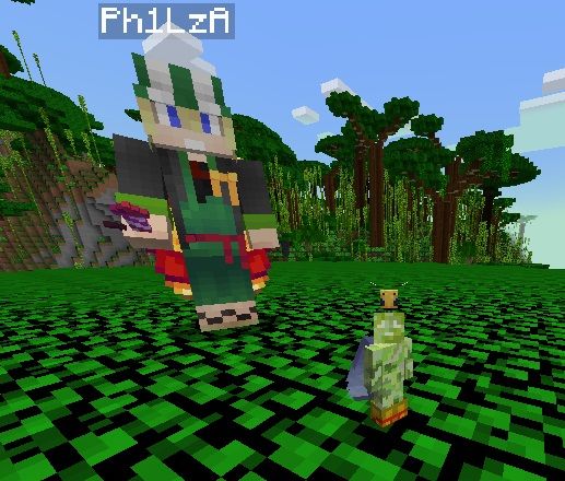 minecraft screenshot, large philza and small vita standing on a tree.
