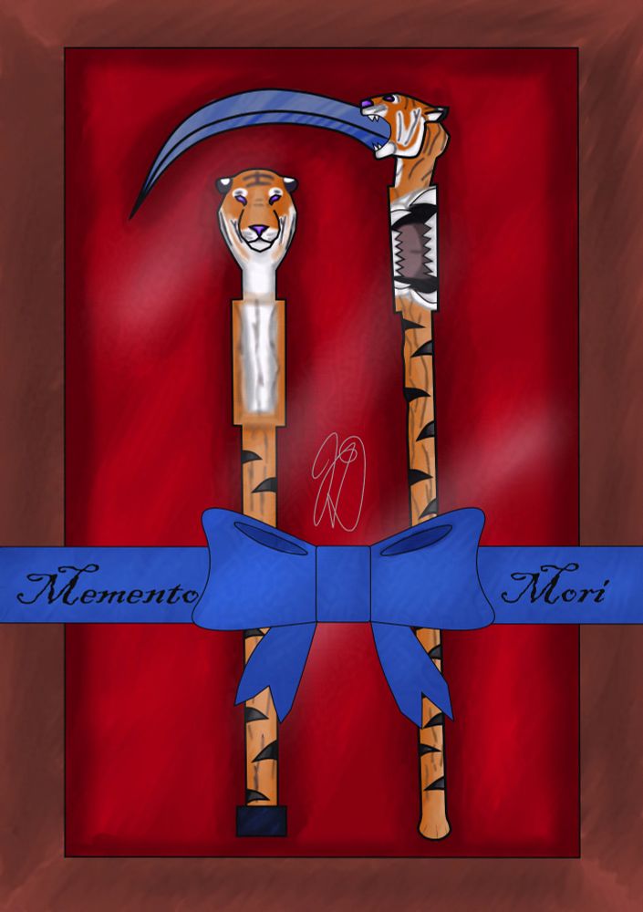 A wooden display box, with red velvet, has a blue ribbon tied around it in a bow. It reads "Memento Mori"

Inside the box is a set of twin scythe canes, modeled after a tiger. One is in cane form, the other in scythe form.