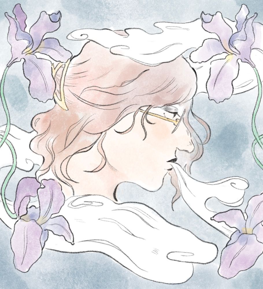 drawing of my friend Iris’ profile, vaping and exhaling the vapors. their face is framed by iris flowers.