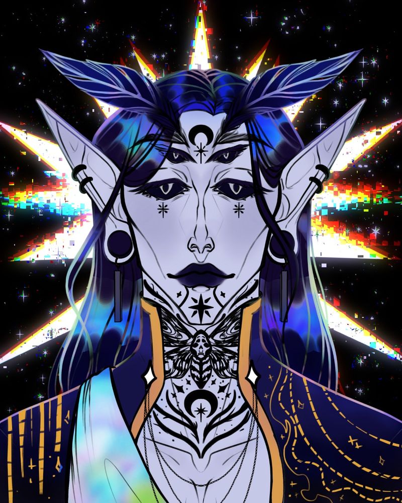 WIP unshaded portrait of an astral elf with 4 eyes, a pair of antenna, and throat tattoos. The sclera of his eyes are black and his irises are light silver. He has dark navy lips. His hair and antennae are black with an aurora shine. He wears dark navy robes with gold details and a sash that has a white opal rainbow affect. He is against a dark deep space background with a burst of pointed, refracting light behind his head like a halo. The background and burst of light have an ominous glitching effect.